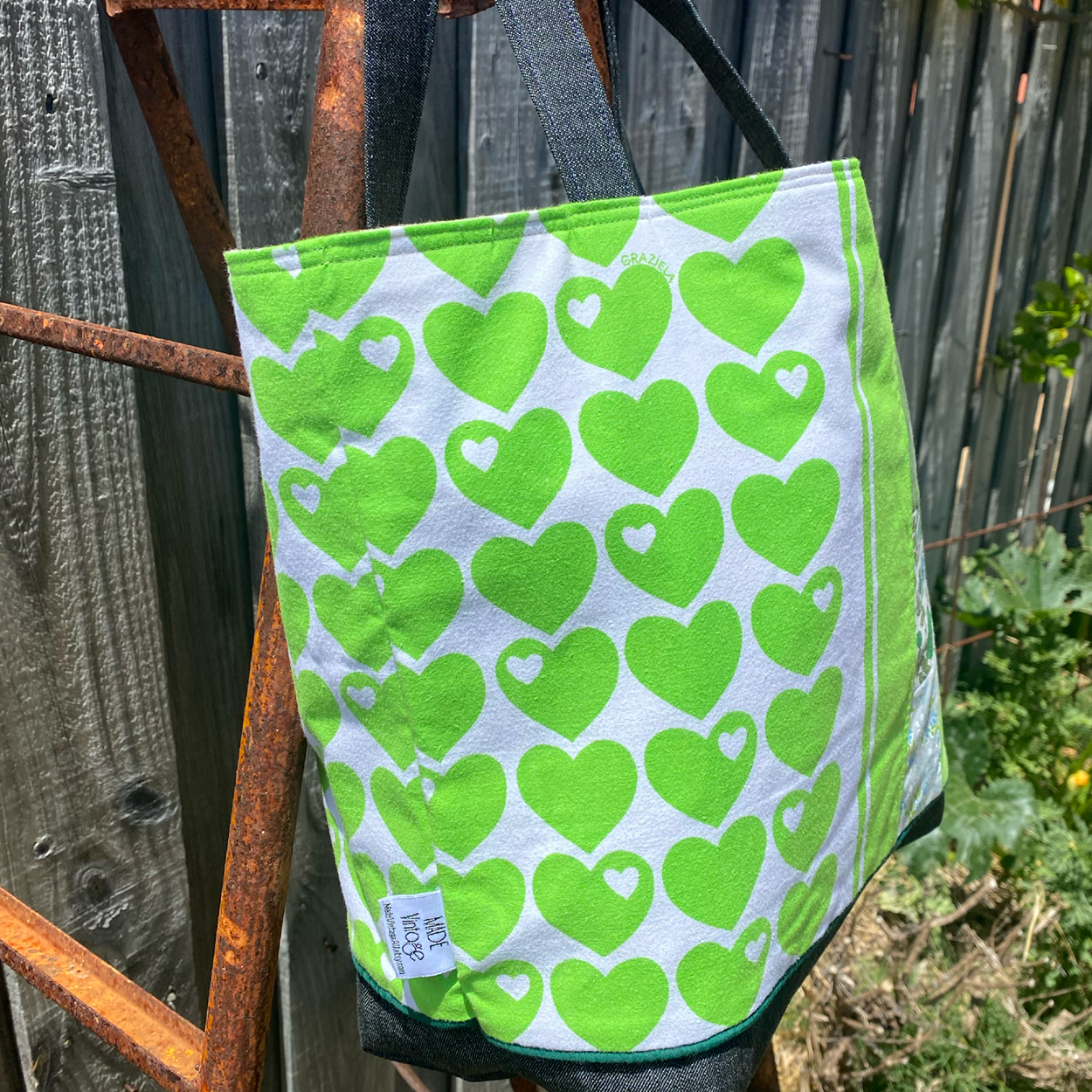 Heartland Handmade Tote Bag Upcycled Vintage Fabrics & Denim