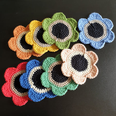 Hand knitted Daisy Flower Soft Coaster : Green Yellow Orange