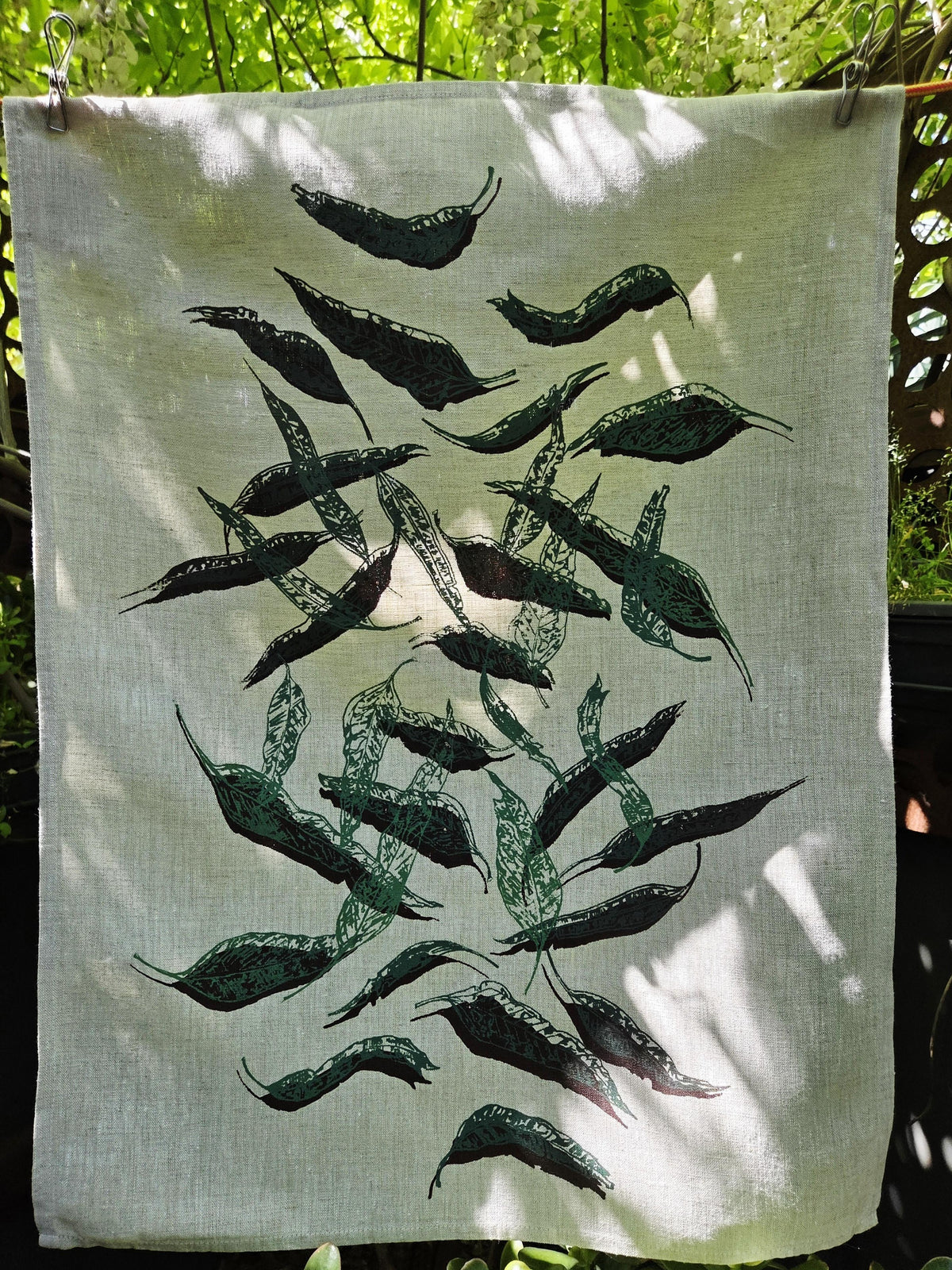Hand Printed Linen Tea Towels-Eucalypt Fallen Leaves