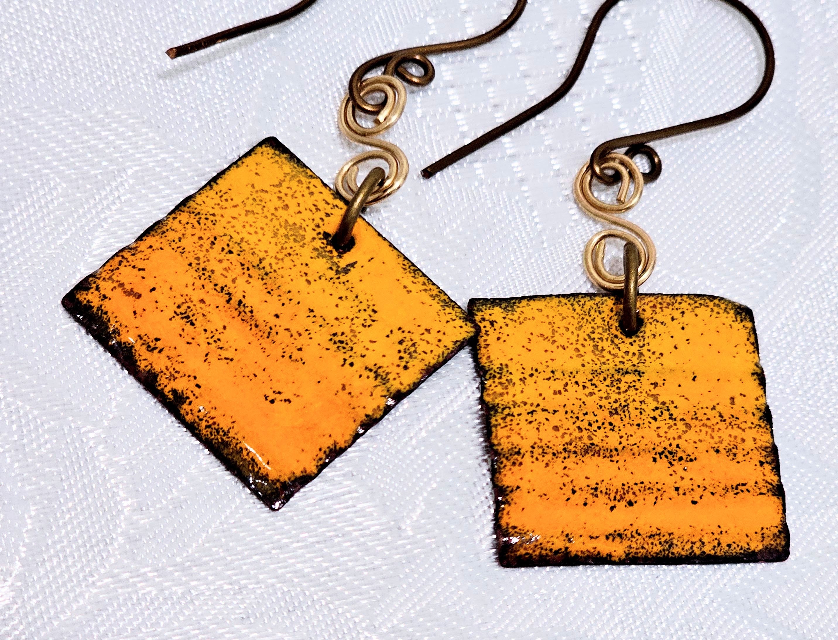 Bright Orange Enameled Corrugated Metal Earrings FREE POST