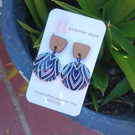 Black and white print earrings with natural wood stud