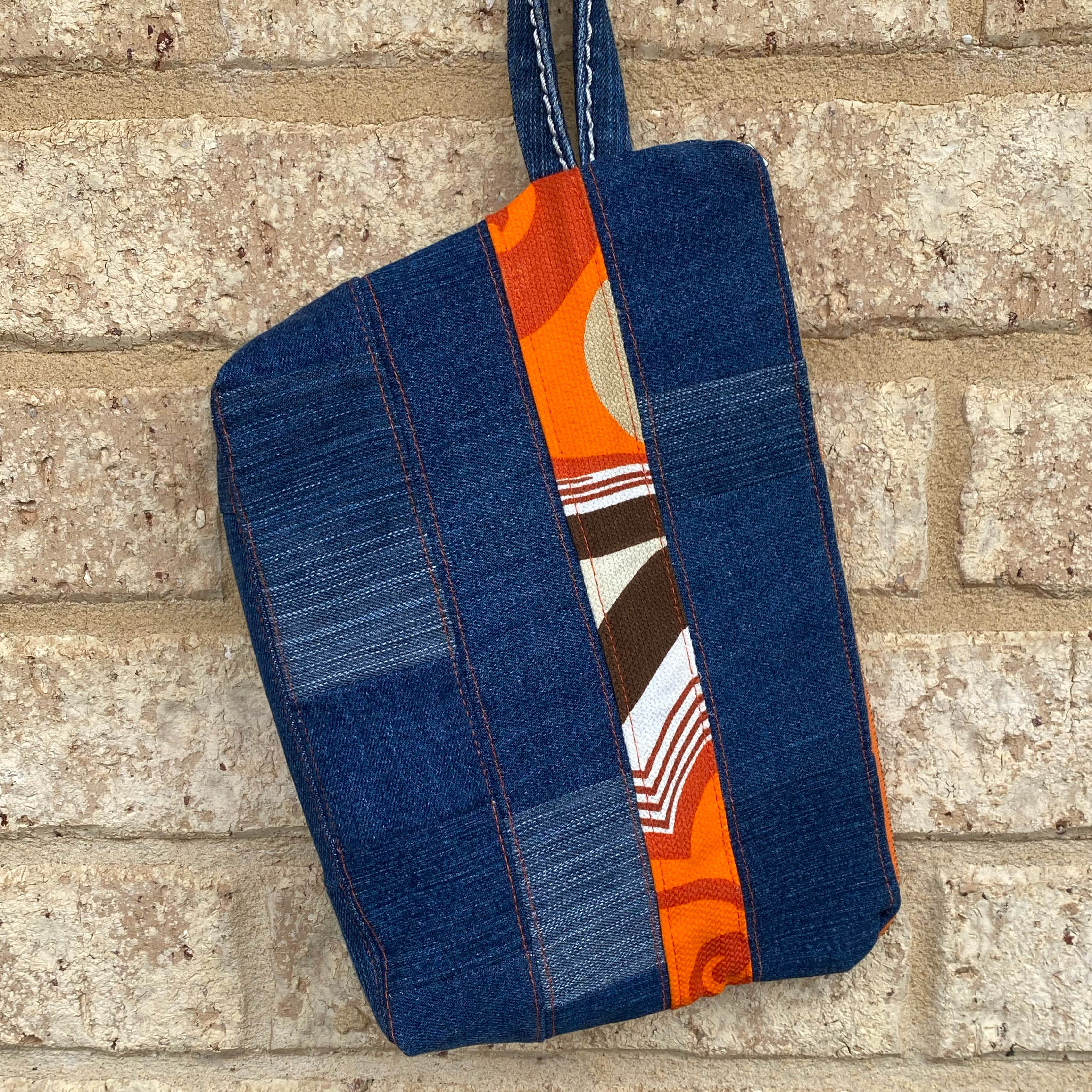 Retro Stripe Pouch Cosmetic Everyday Bag Upcycled Vintage Fabrics & Denim