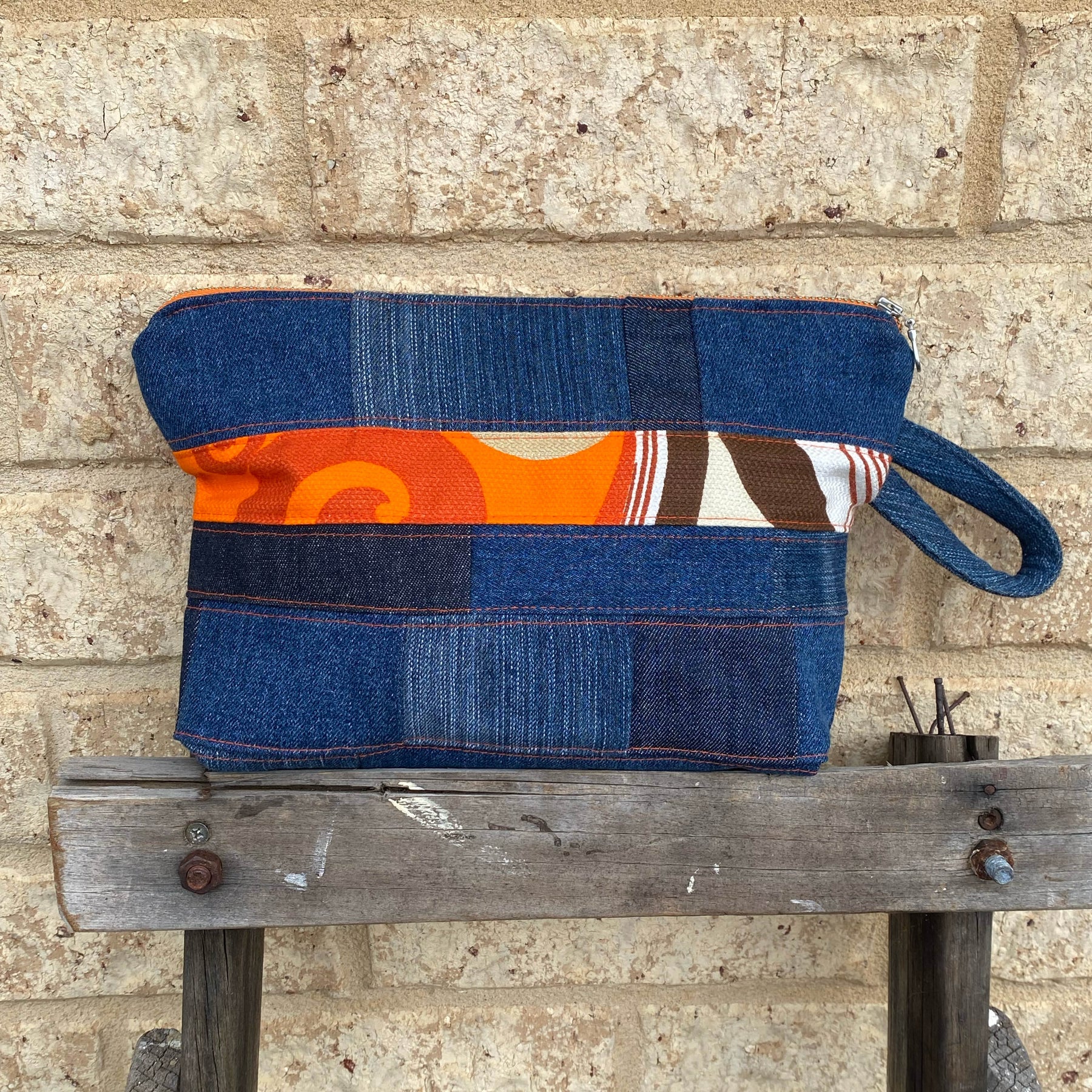 Retro Stripe Pouch Cosmetic Everyday Bag Upcycled Vintage Fabrics & Denim