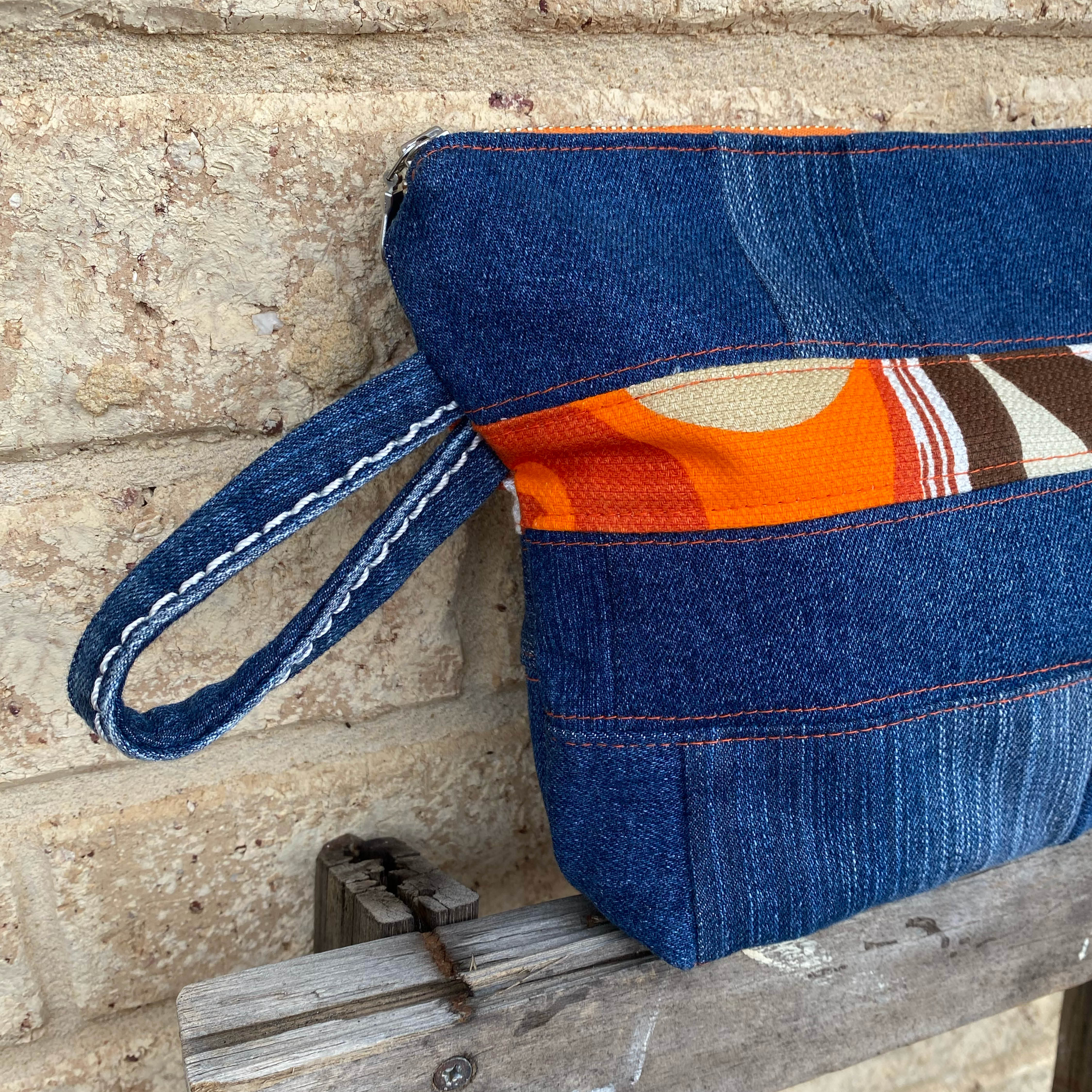 Retro Stripe Pouch Cosmetic Everyday Bag Upcycled Vintage Fabrics & Denim
