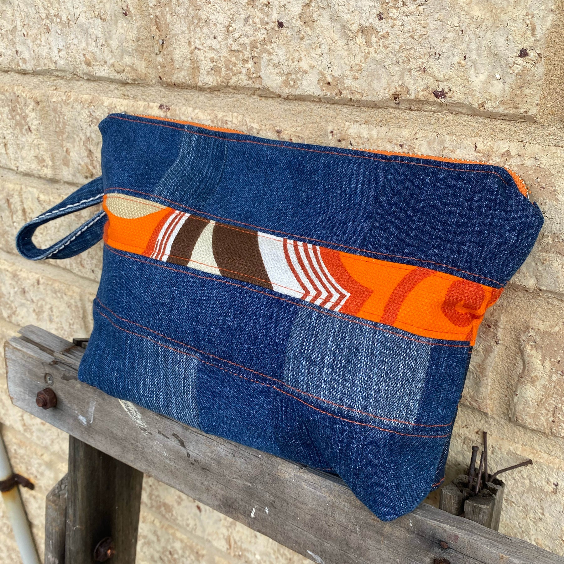 Retro Stripe Pouch Cosmetic Everyday Bag Upcycled Vintage Fabrics & Denim