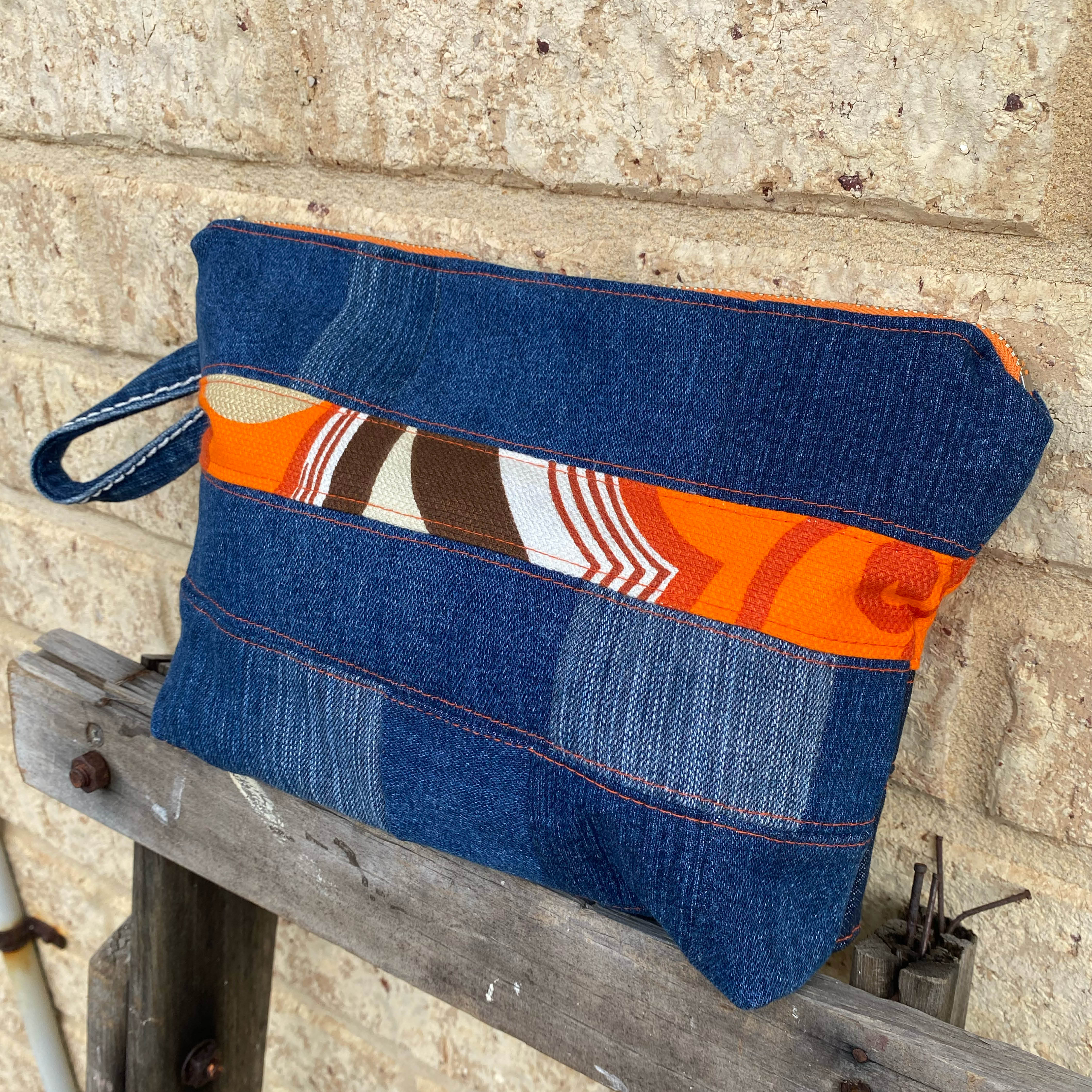 Retro Stripe Pouch Cosmetic Everyday Bag Upcycled Vintage Fabrics & Denim