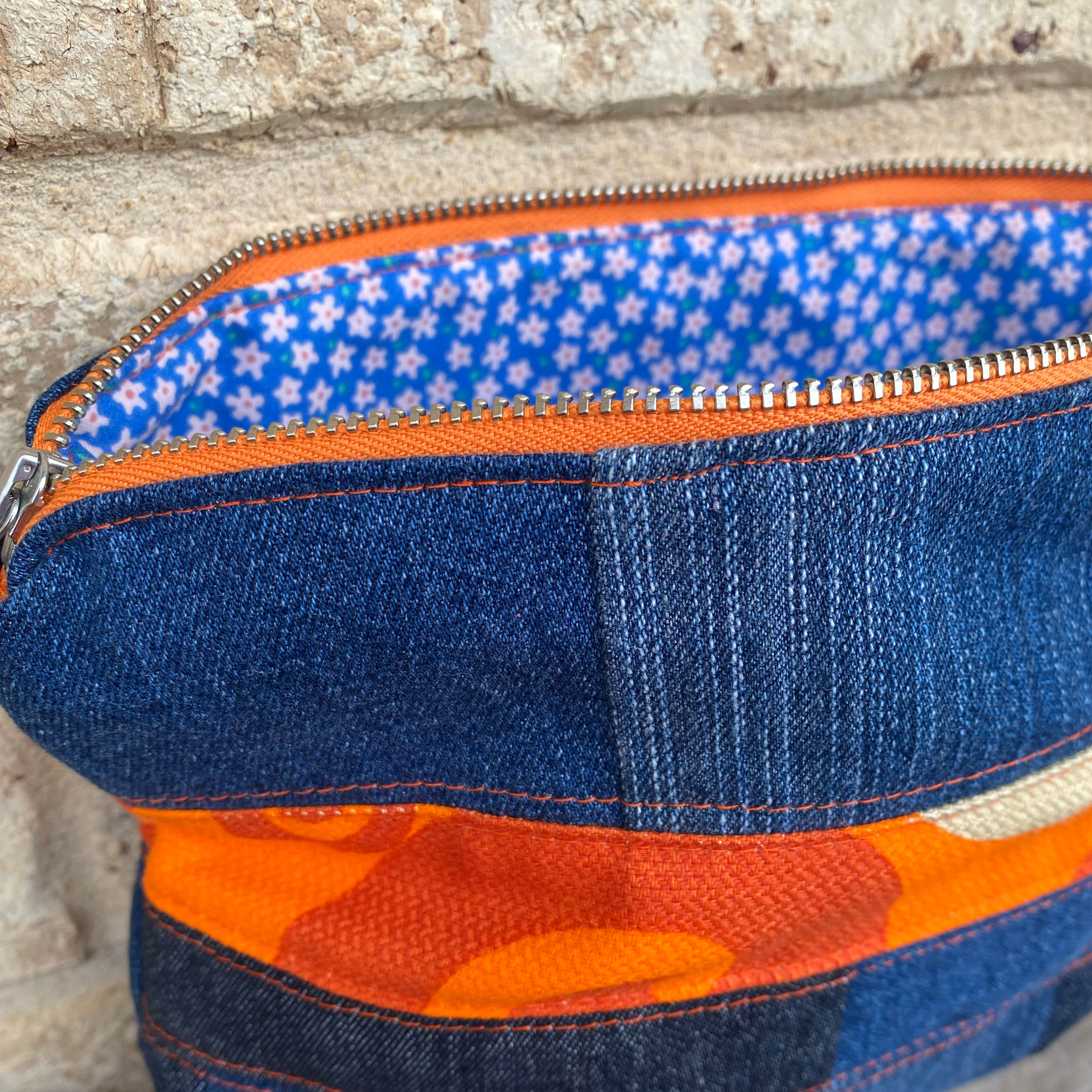 Retro Stripe Pouch Cosmetic Everyday Bag Upcycled Vintage Fabrics & Denim