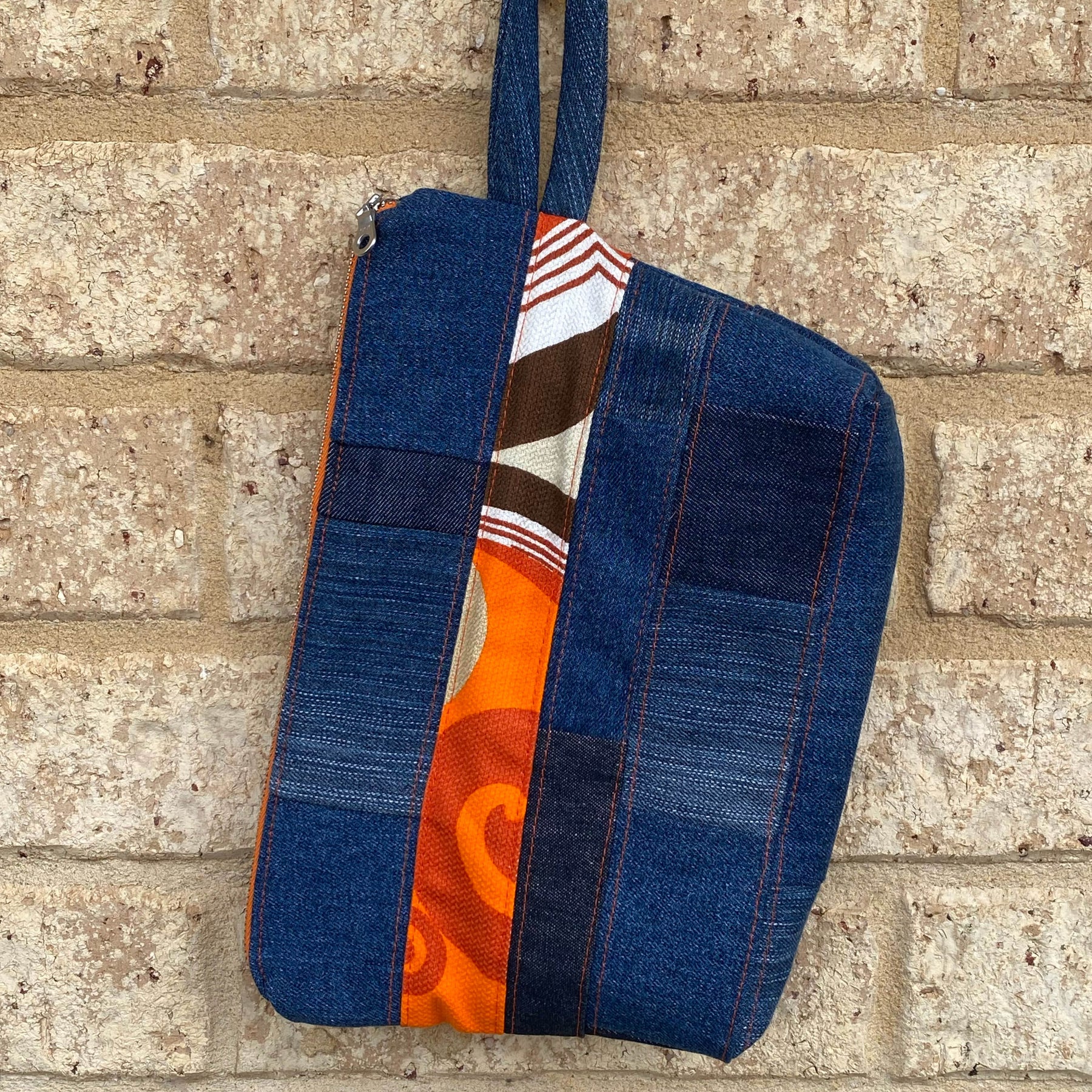 Retro Stripe Pouch Cosmetic Everyday Bag Upcycled Vintage Fabrics & Denim