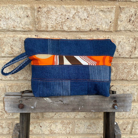 Retro Stripe Pouch Cosmetic Everyday Bag Upcycled Vintage Fabrics & Denim