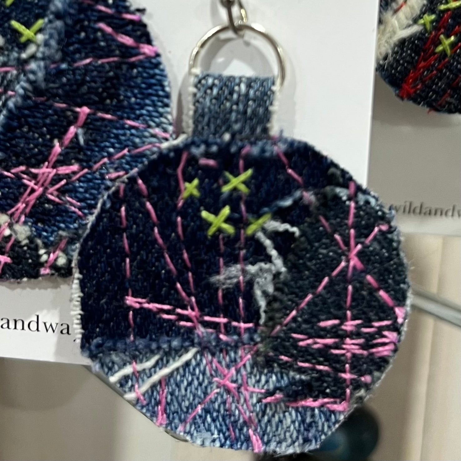 Textile Earrings Blue Pink and Green