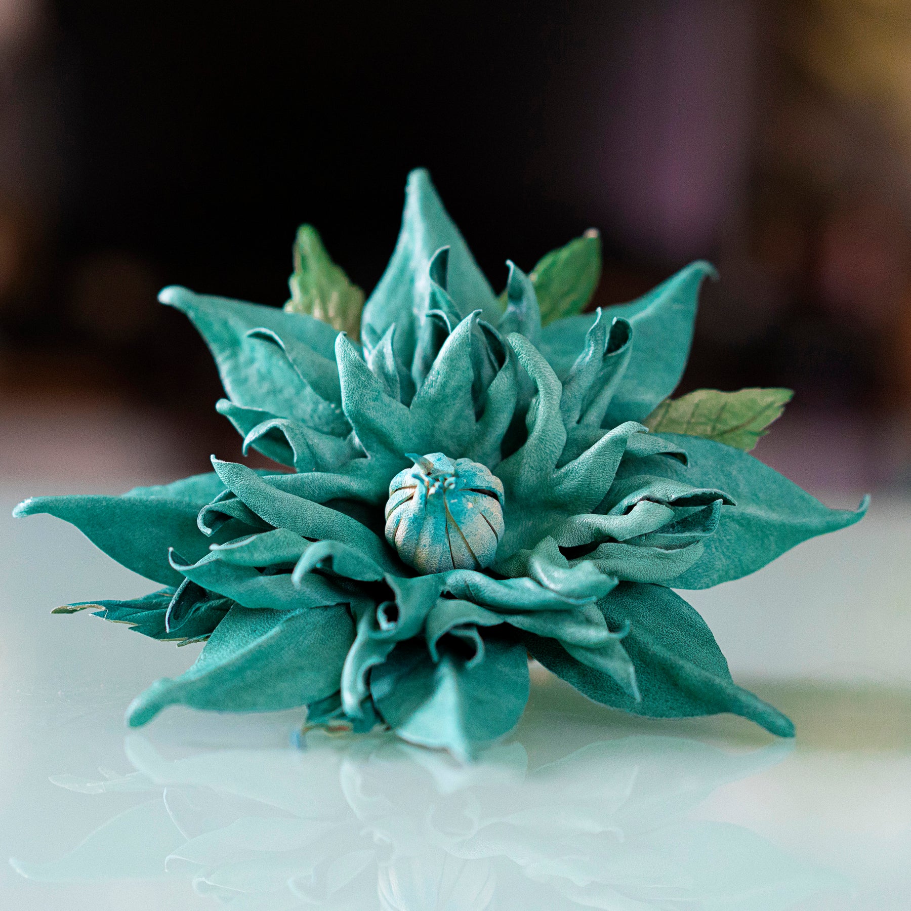 LEATHER TURQUOISE CLEMATIS “Sea Whisper” pin flower brooch hair hat clip fascinator.