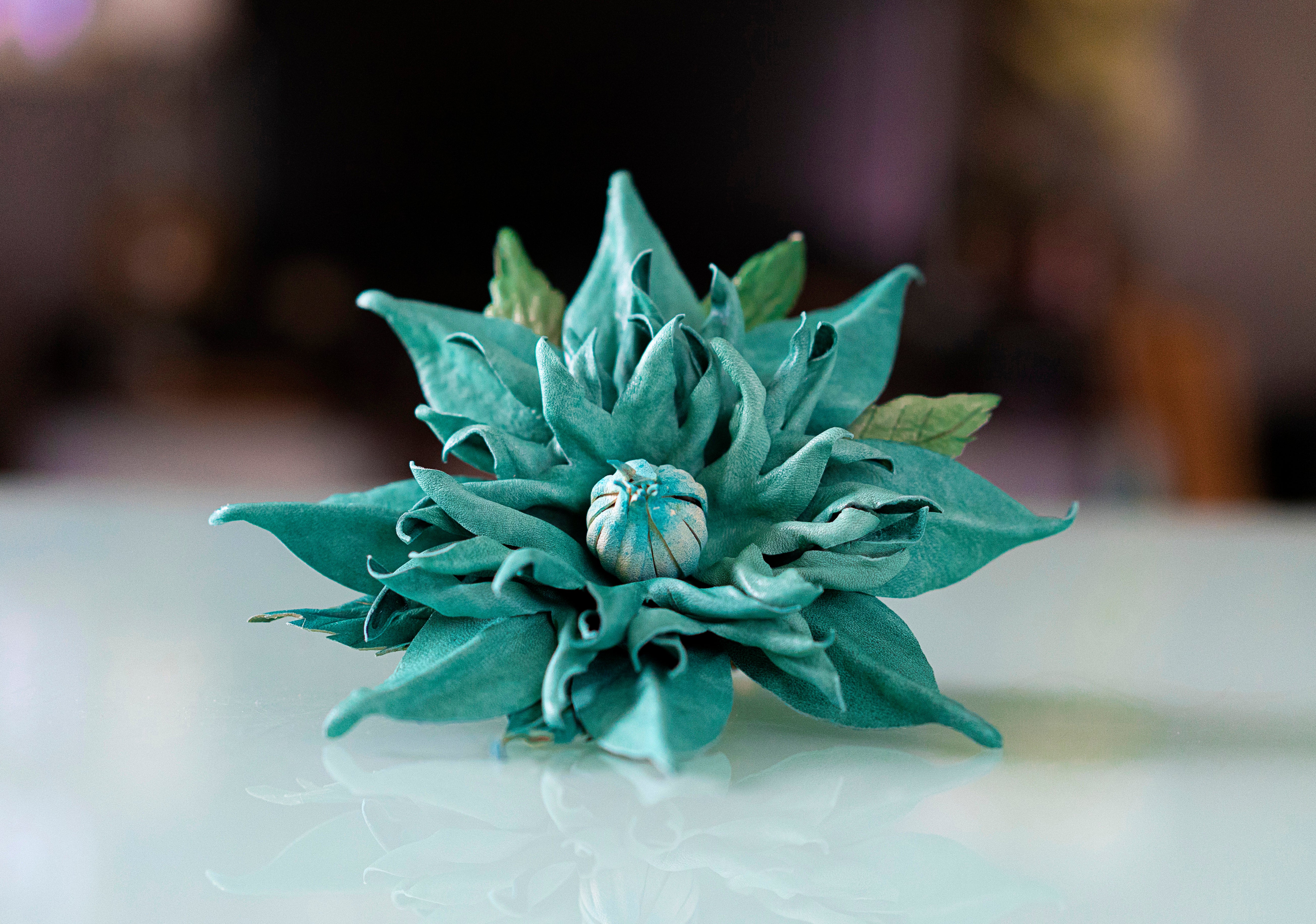 LEATHER TURQUOISE CLEMATIS “Sea Whisper” pin flower brooch hair hat clip fascinator.