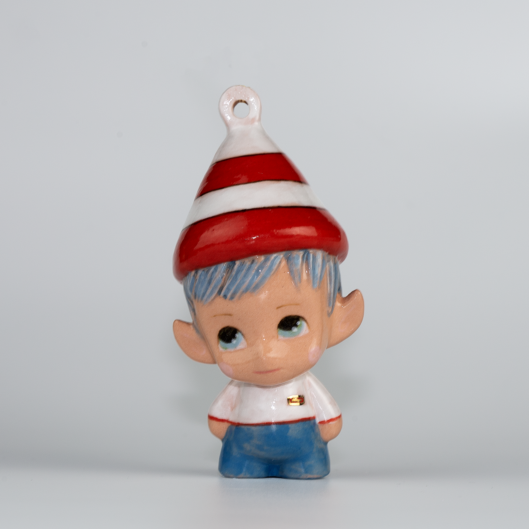 Handmade Porcelain Christmas ornament. One-of-a-kind. Marcus, the Tinker Elf.