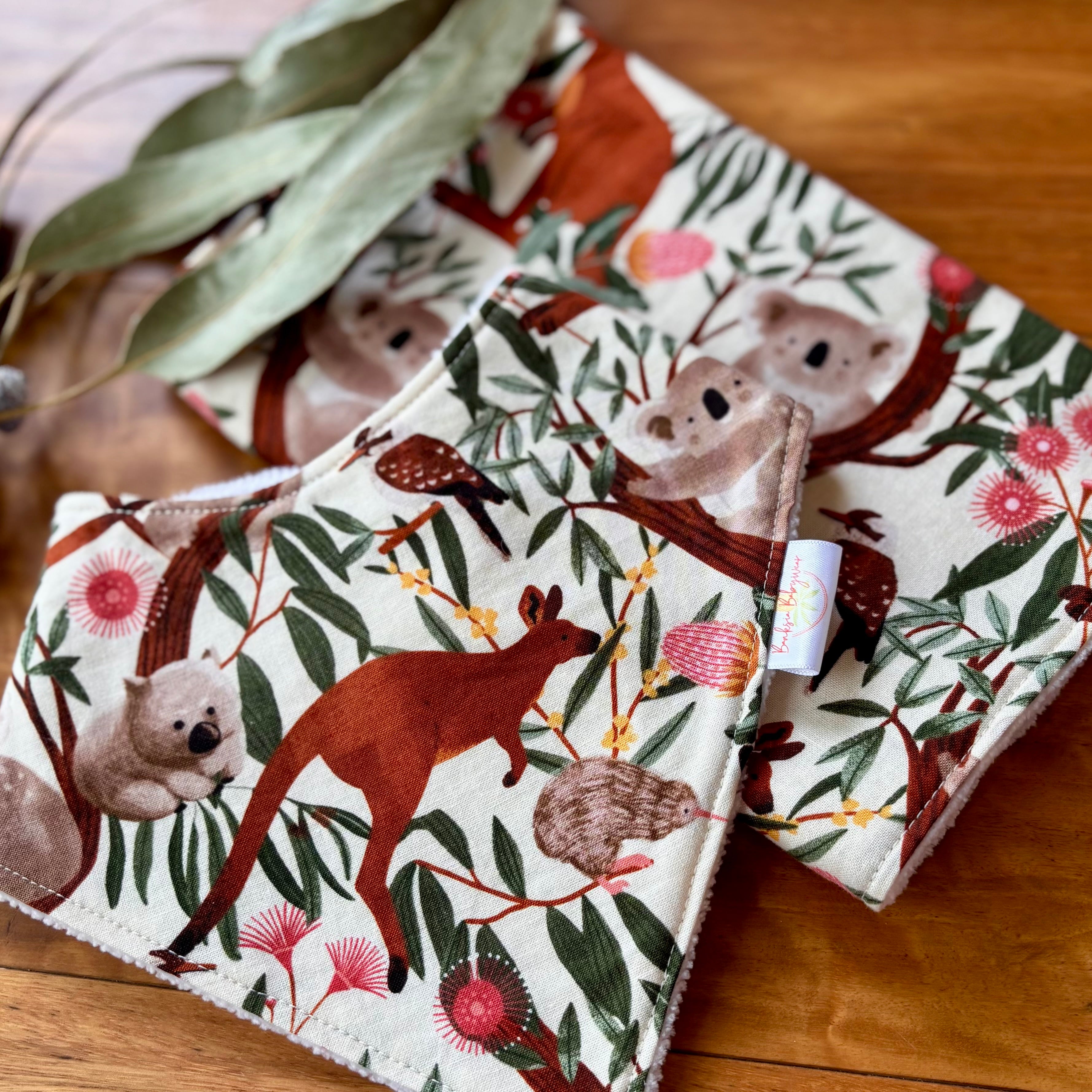 Baby Bib and Burp Cloth Set - Climbing Aussie Animals