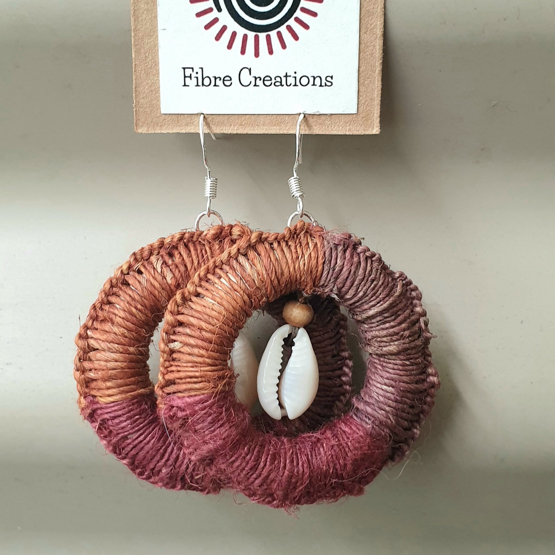 Handmade raw hemp, cowrie shell earrings