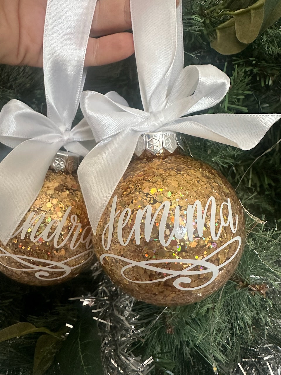 Personalised Christmas Baubles, Glitter Ornament With Names And Message