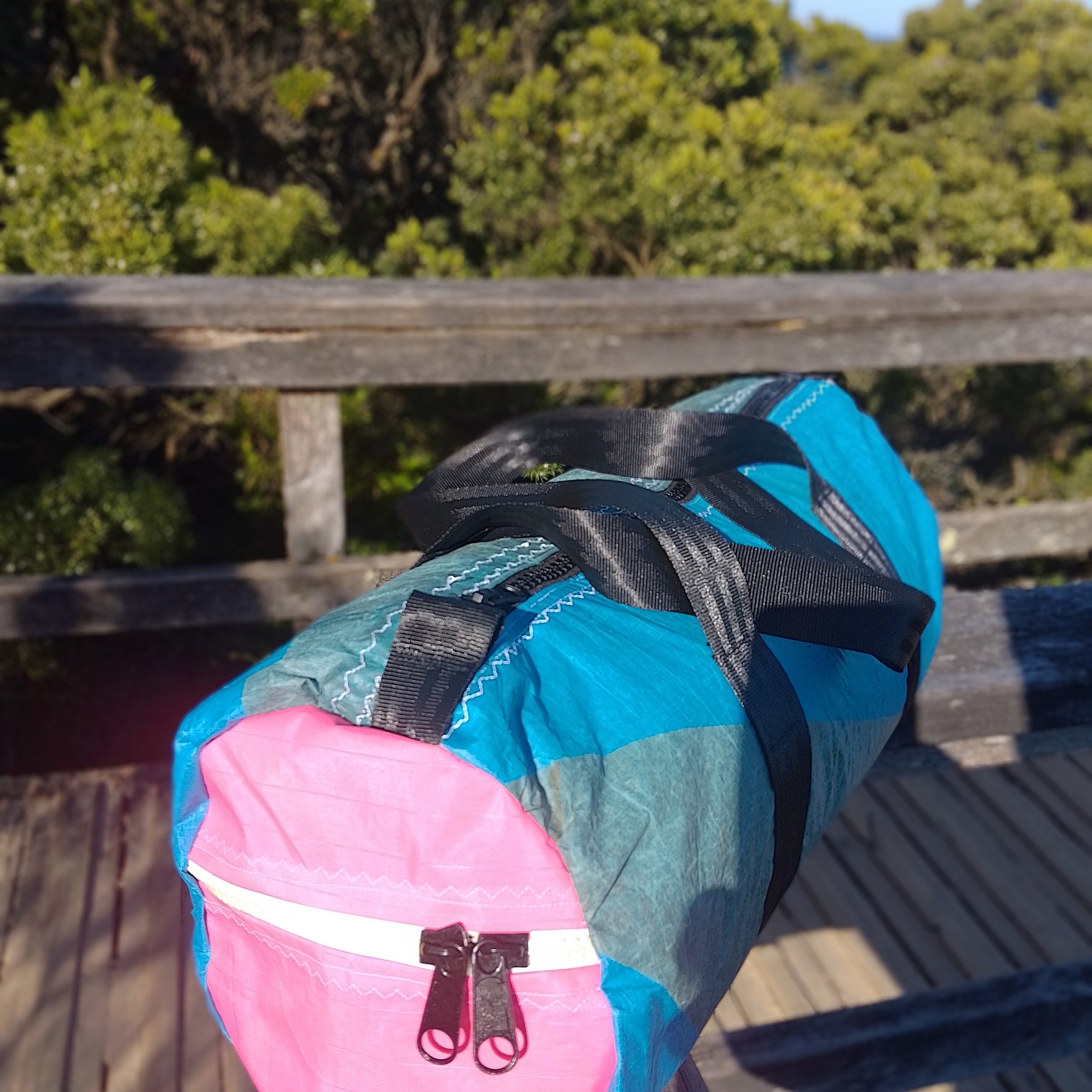 Upcycled Kite Duffle | Blue & Pink with End Zip Pocket