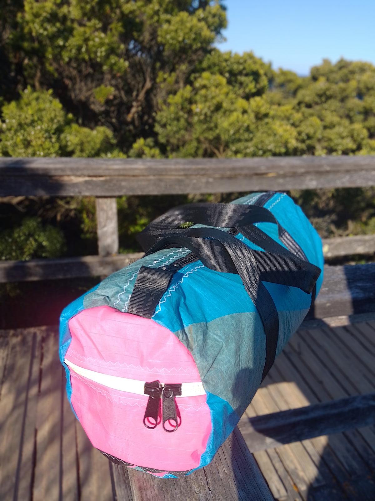 Upcycled Kite Duffle | Blue & Pink with End Zip Pocket