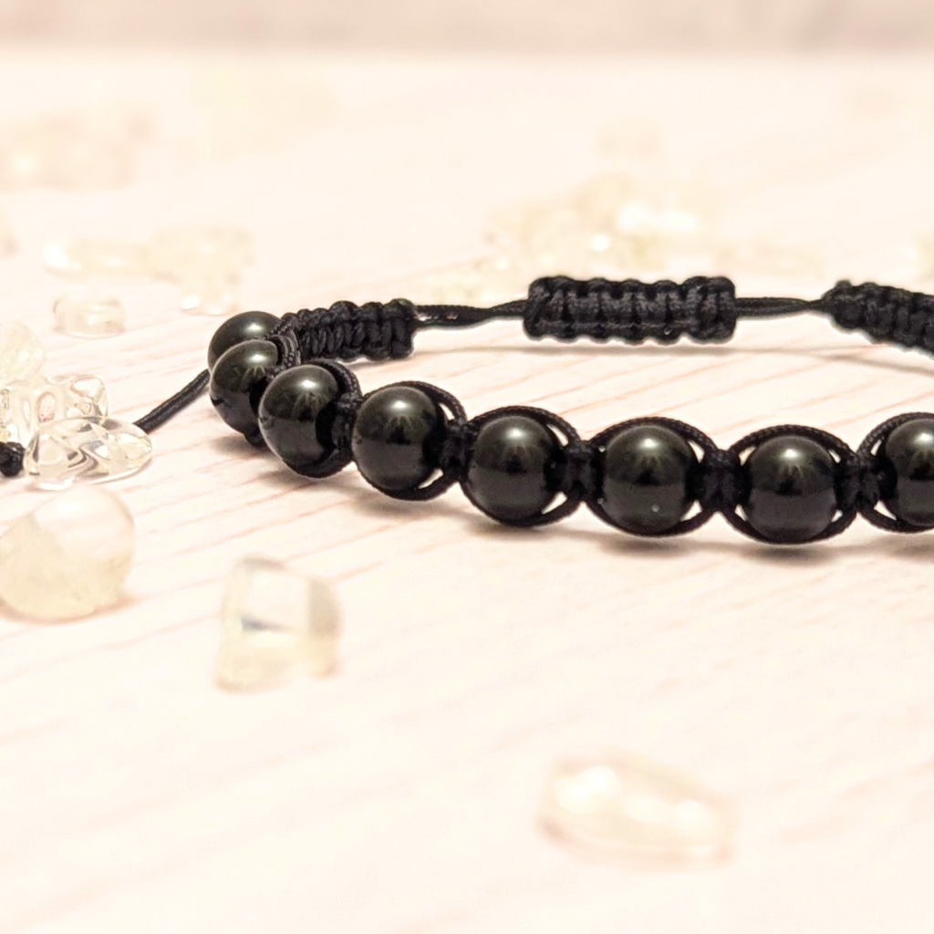 Womans black obsidian bracelet - Modern November birthstone - Shamballa style - adjustable
