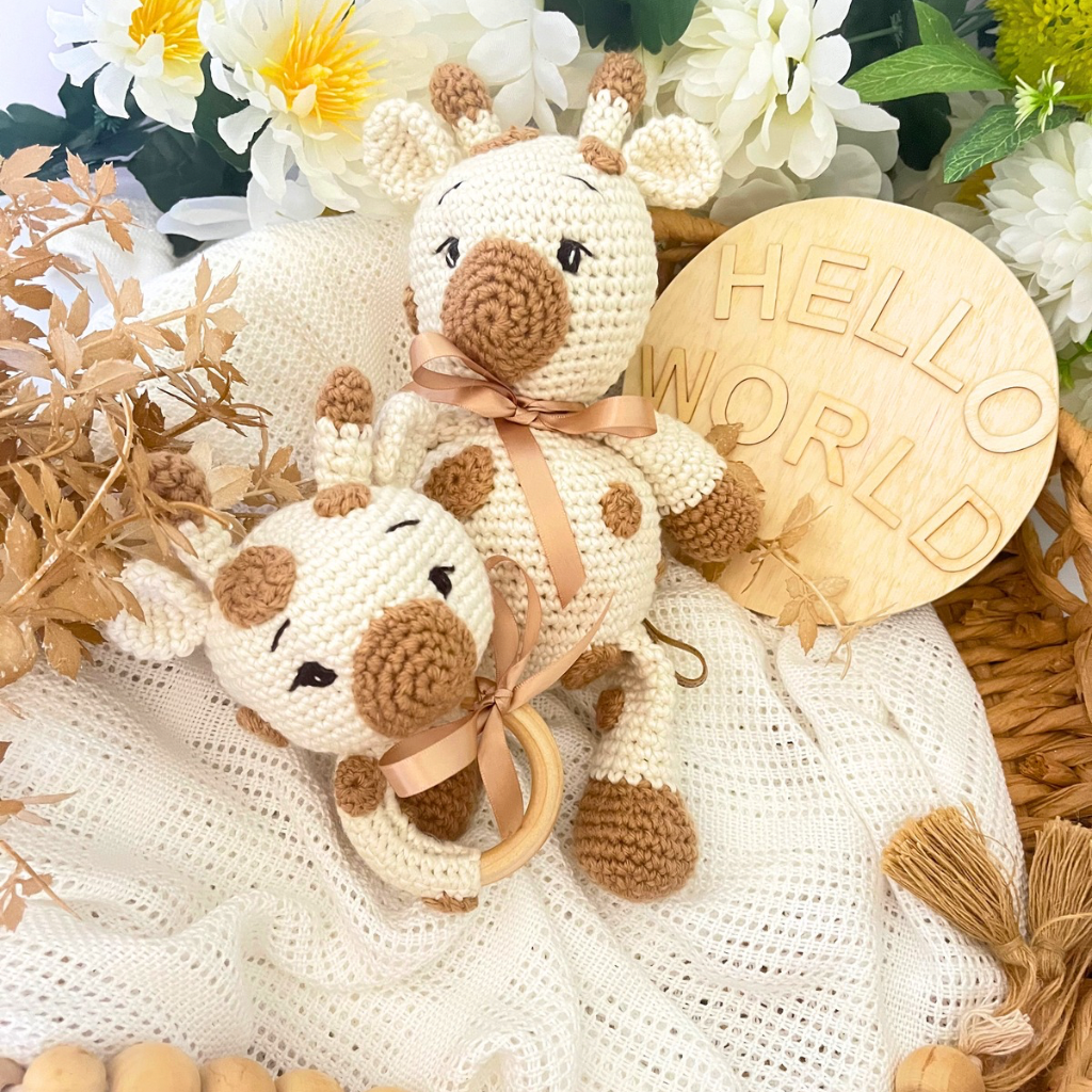 Handmade Crochet Giraffe Soft Toy & Grasping Toy Baby Gift Set