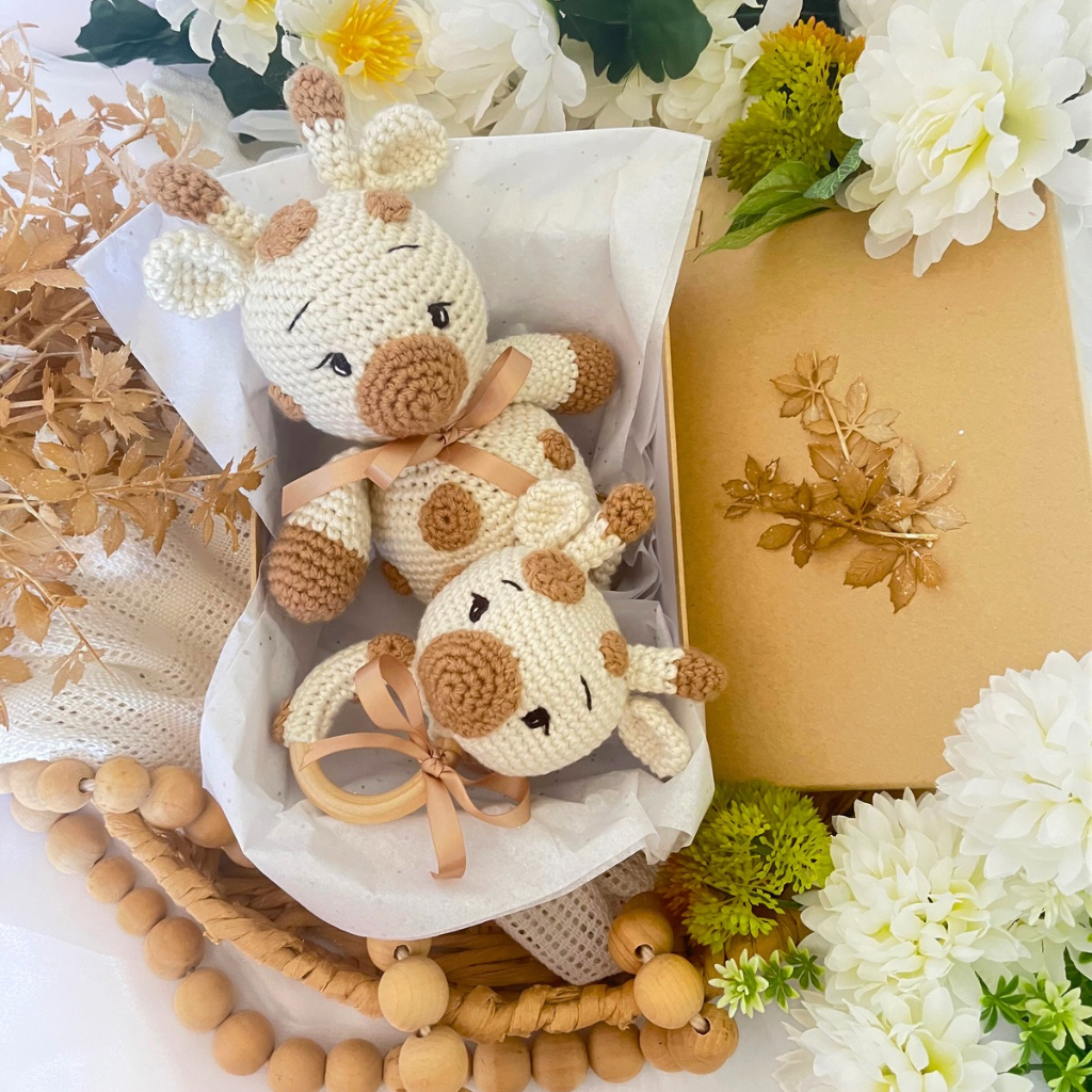 Handmade Crochet Giraffe Soft Toy & Grasping Toy Baby Gift Set