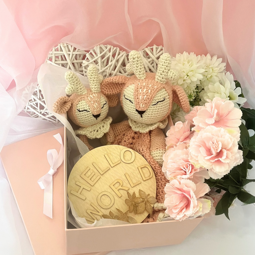 Crochet Fawn Snuggler And Fawn Grasping Toy Baby Gift Set