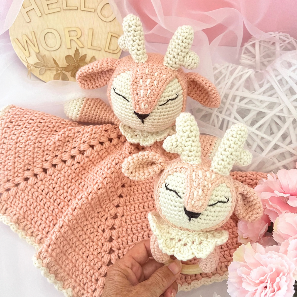 Crochet Fawn Snuggler And Fawn Grasping Toy Baby Gift Set