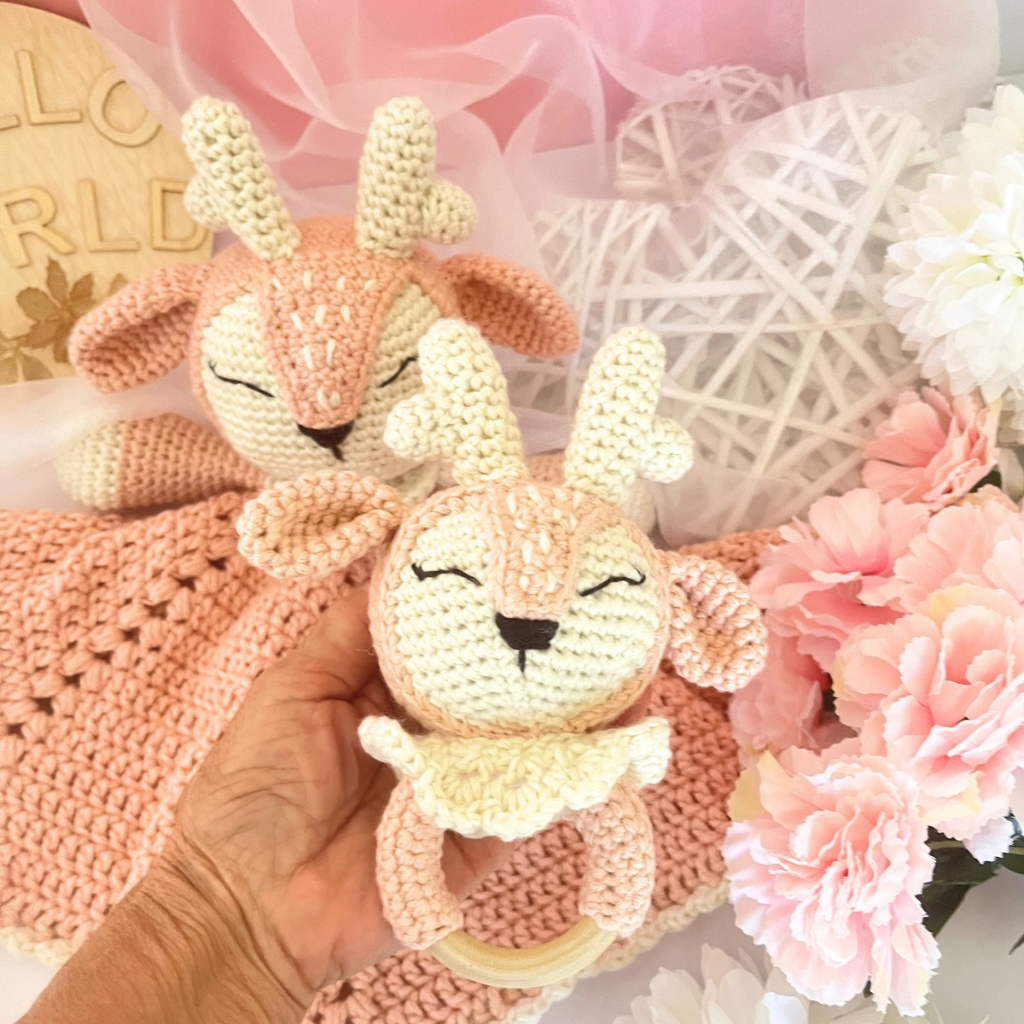 Crochet Fawn Snuggler And Fawn Grasping Toy Baby Gift Set