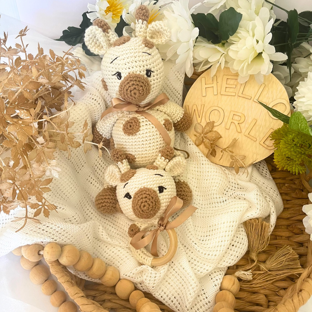 Handmade Crochet Giraffe Soft Toy & Grasping Toy Baby Gift Set