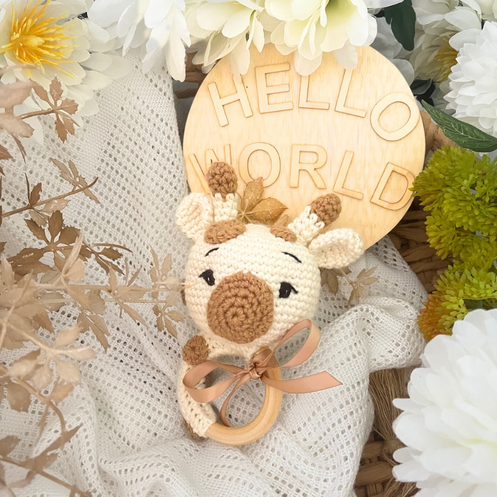 Handmade Crochet Giraffe Soft Toy & Grasping Toy Baby Gift Set