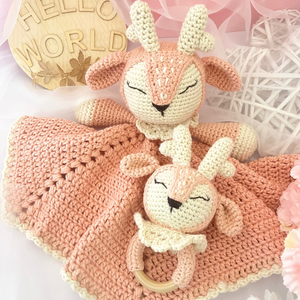 Crochet Fawn Snuggler And Fawn Grasping Toy Baby Gift Set