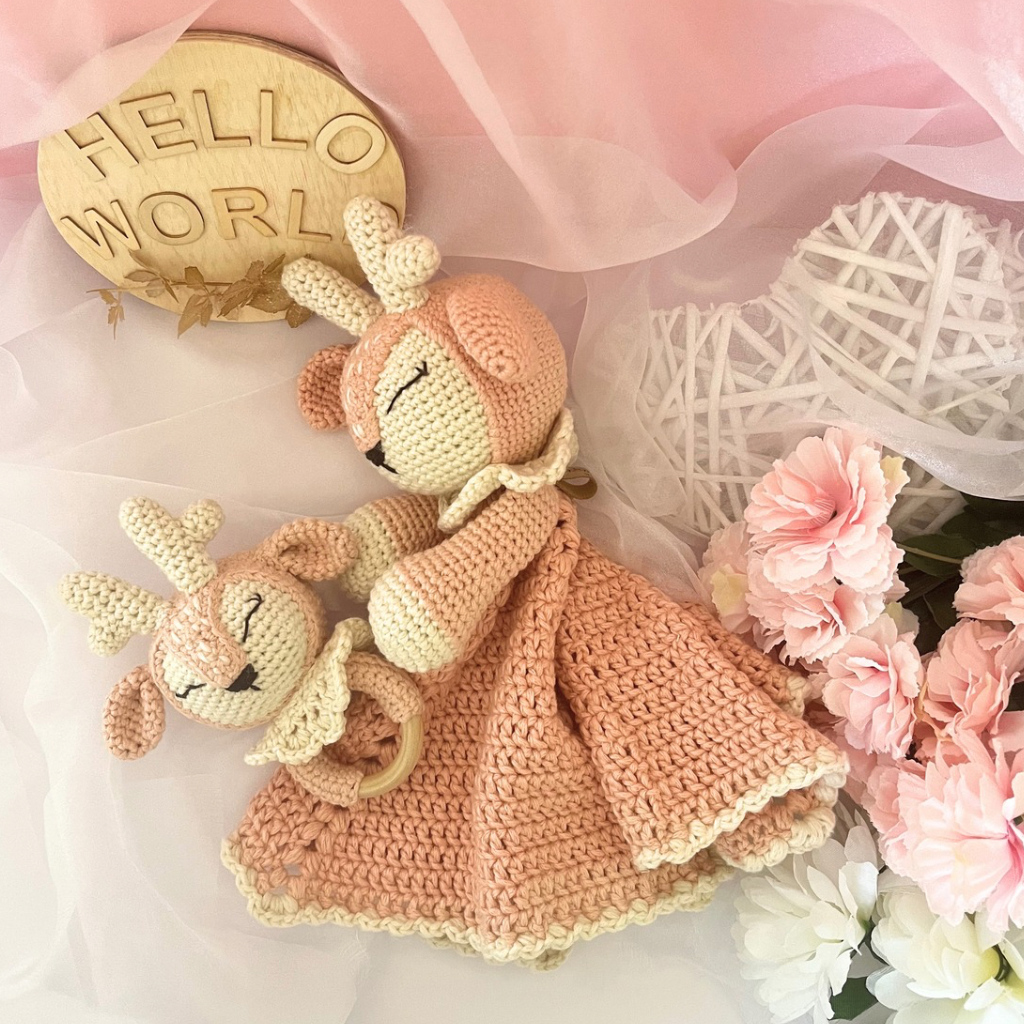 Crochet Fawn Snuggler And Fawn Grasping Toy Baby Gift Set