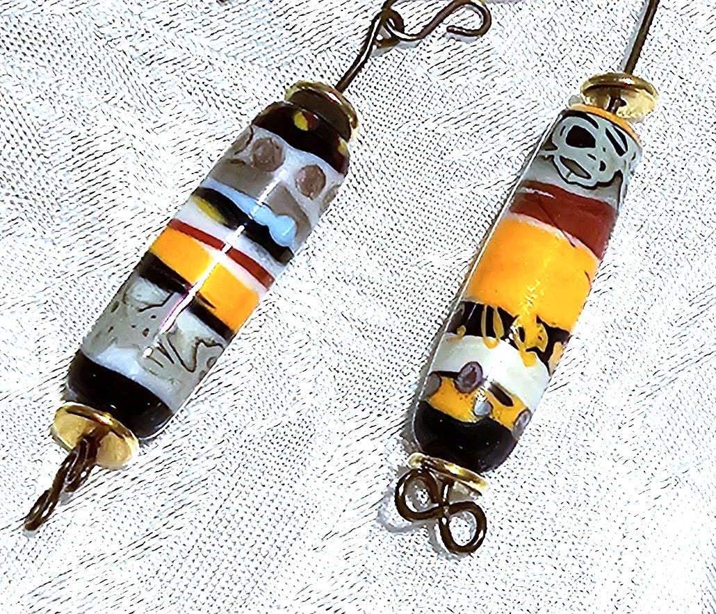 Assymetrical Ceramic Cylinder Orange and Multicoloured Earrings