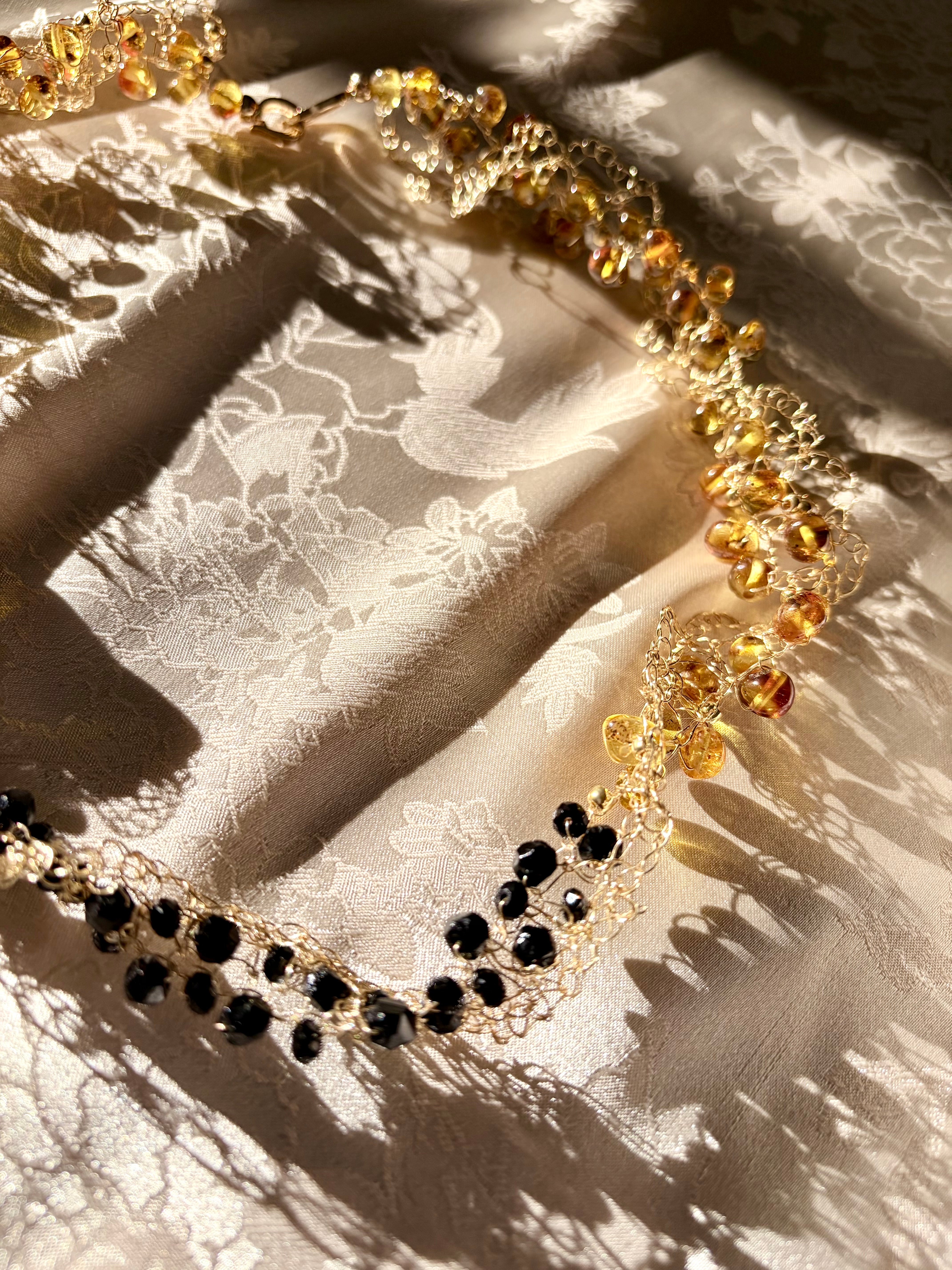 “Sunflower” Necklace — Amber & Black Onyx