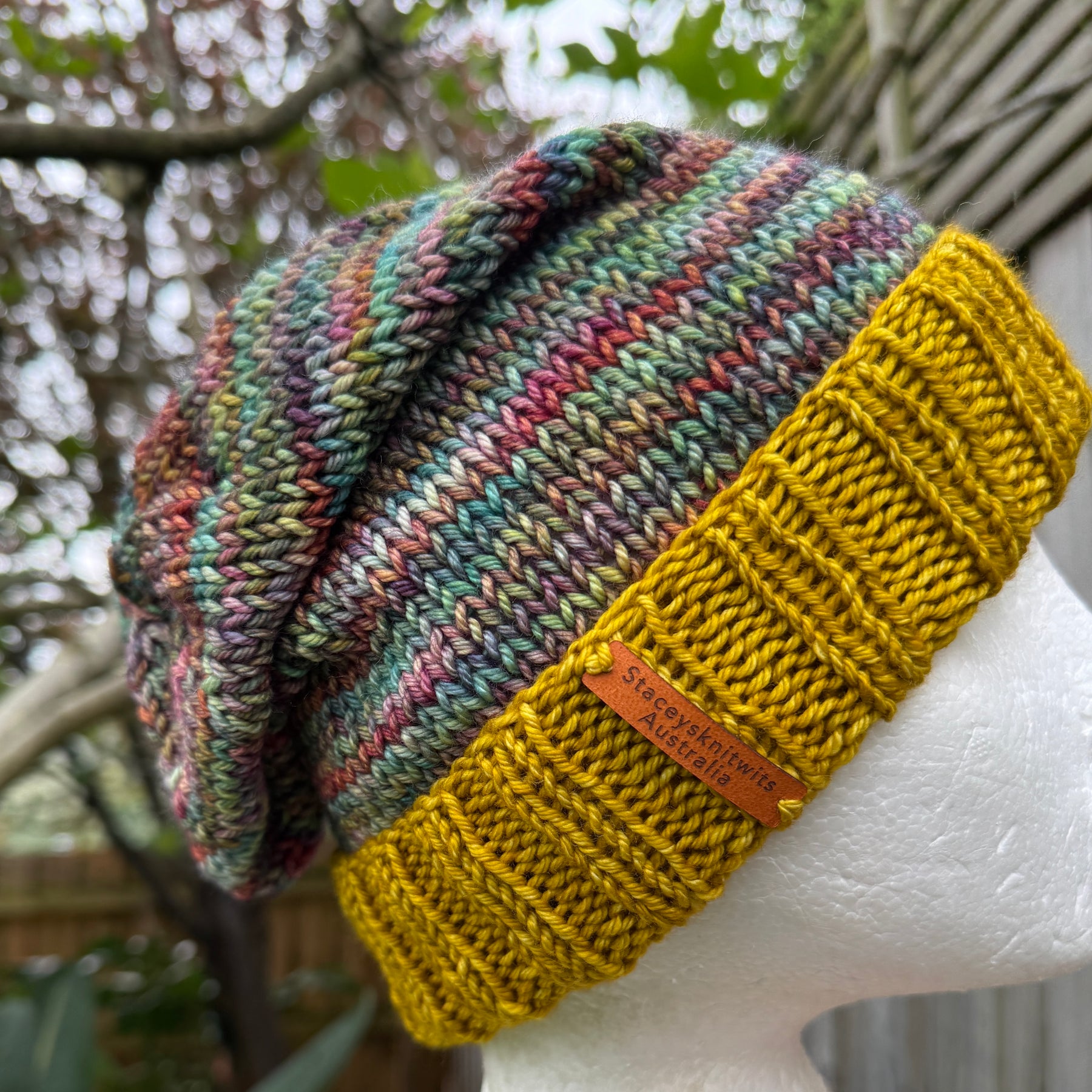 Merino Slouchy Beanie, Hand Knitted Mustard & Rainbow Slouchy