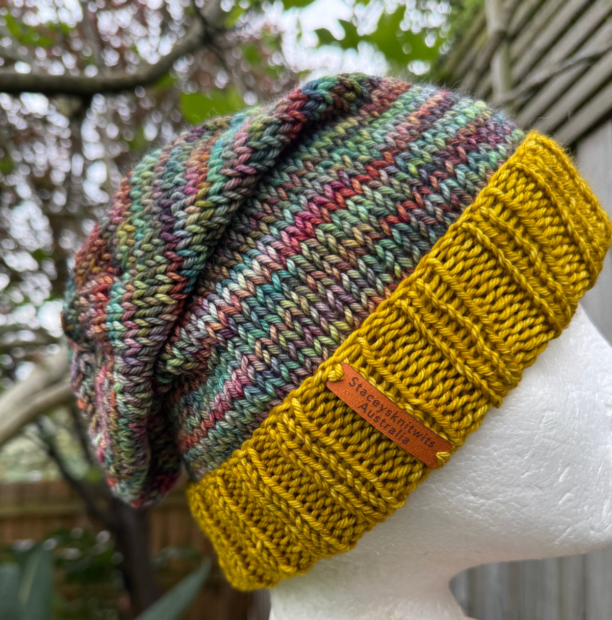 Merino Slouchy Beanie, Hand Knitted Mustard & Rainbow Slouchy
