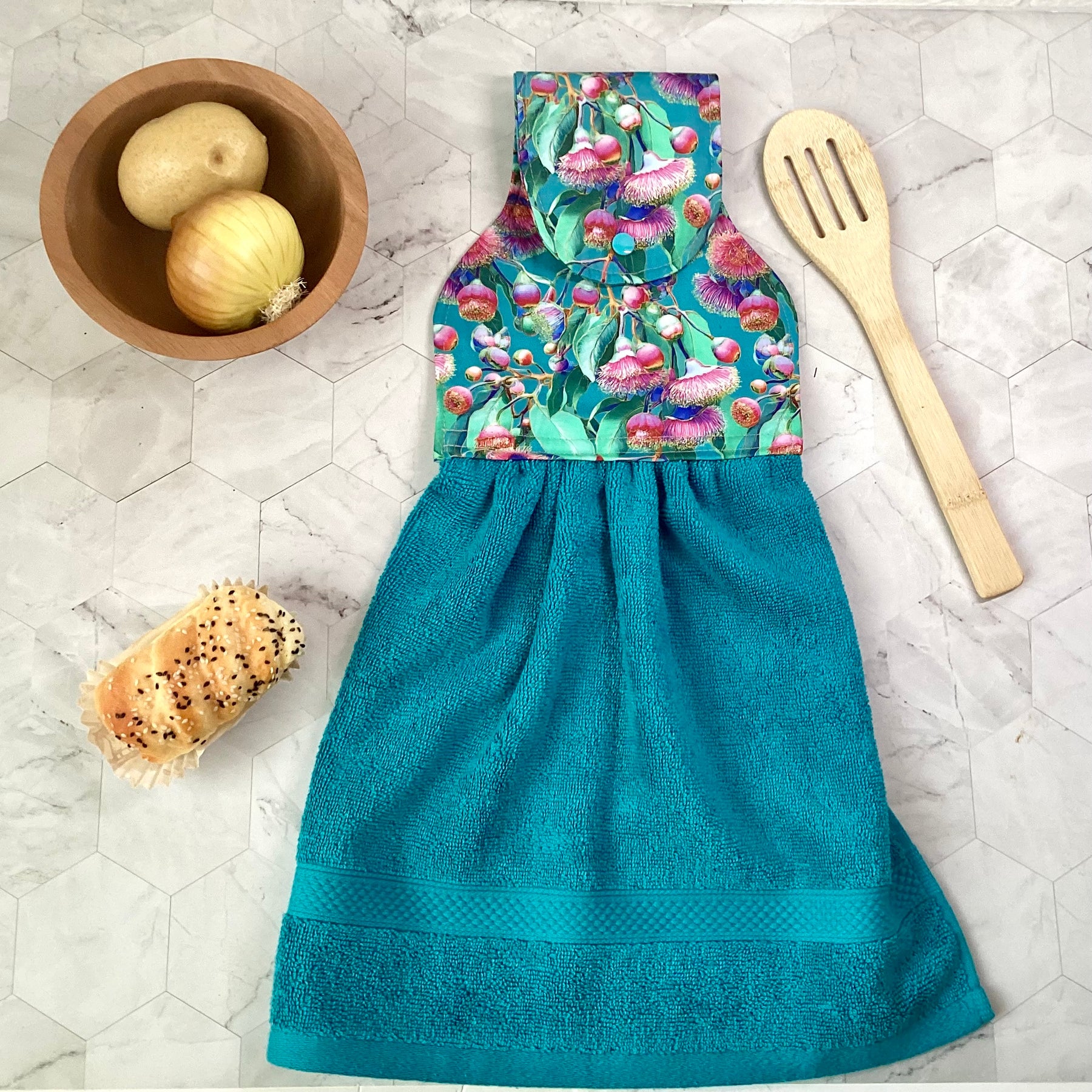 Flowering gum (aqua blue) hanging hand towel.