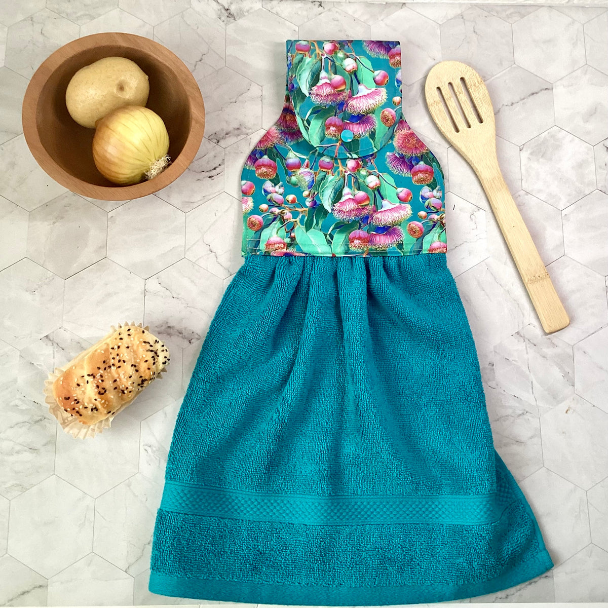 Flowering gum (aqua blue) hanging hand towel.