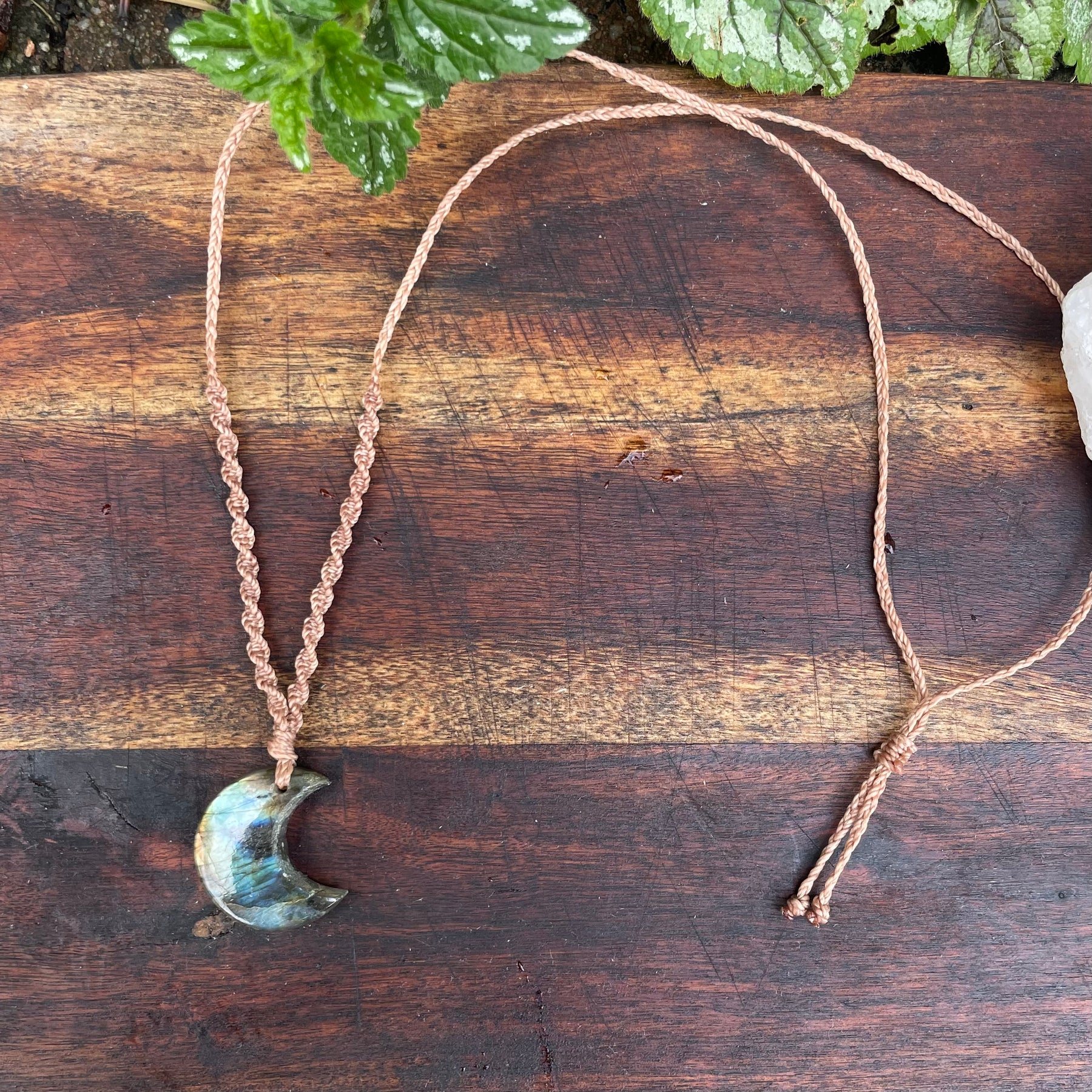 Labradorite Pendant: Crescent moon Beaded Macrame, Adjustable Boho Gift