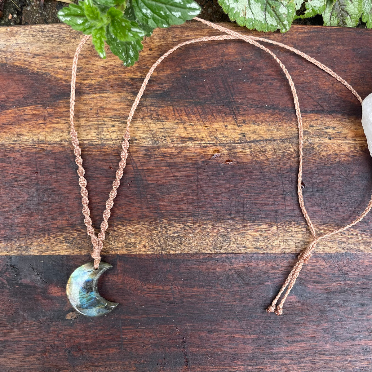 Labradorite Pendant: Crescent moon Beaded Macrame, Adjustable Boho Gift
