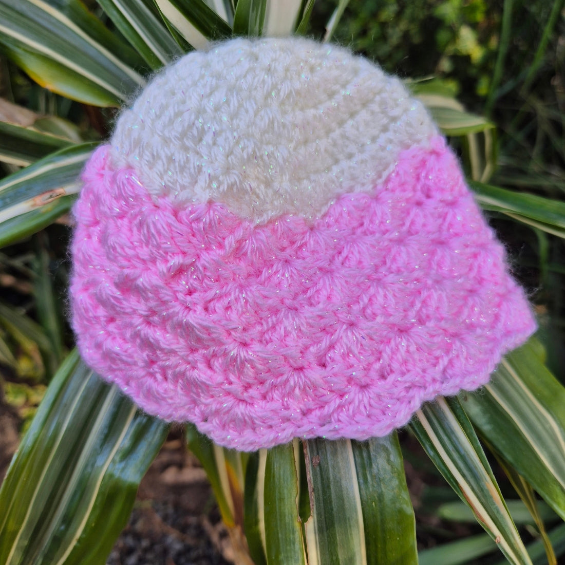 Crochet Pink & White Sparkly Childs Beanie