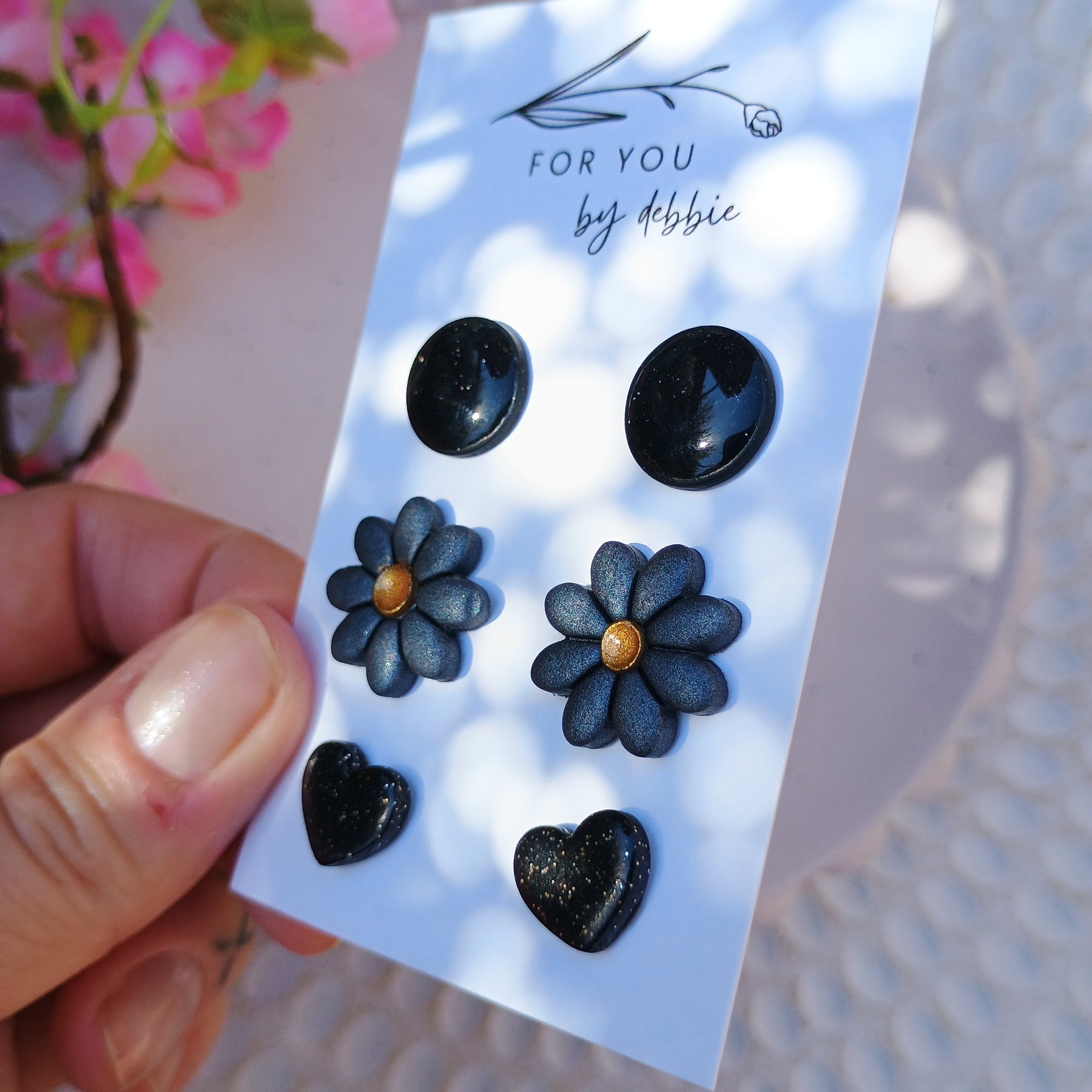 Trio set stud earrings-dark and floral