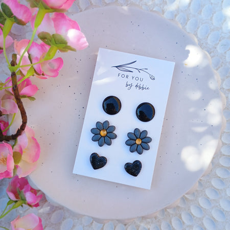 Trio set stud earrings-dark and floral