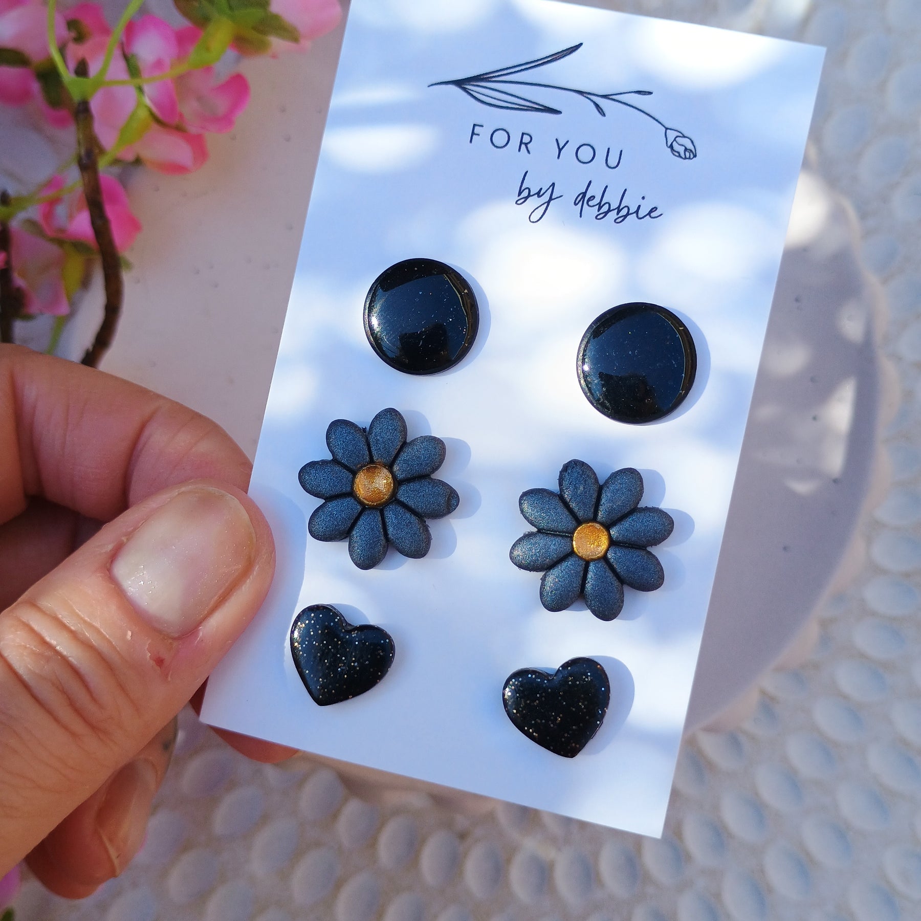 Trio set stud earrings-dark and floral