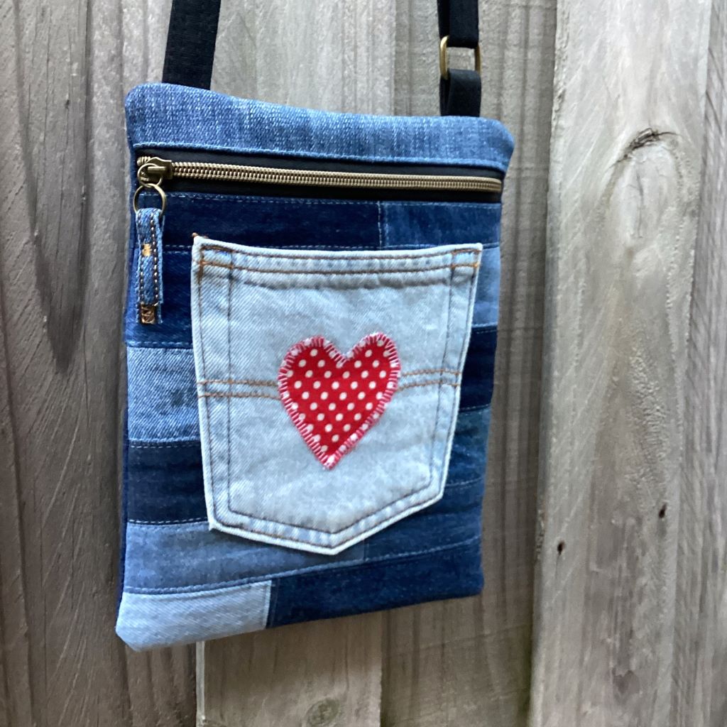 Upcycled Denim Cross Body Bag - Red Heart