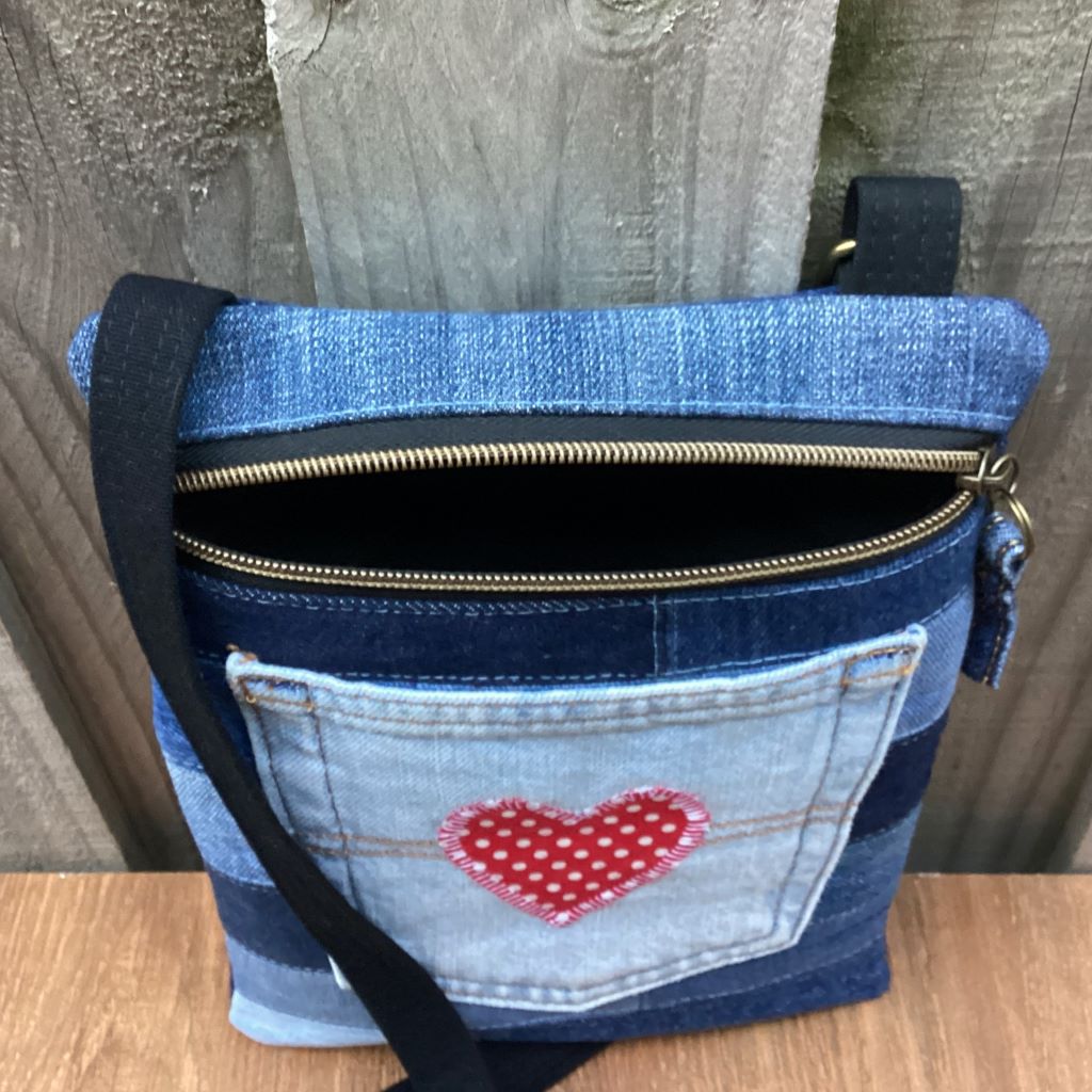 Upcycled Denim Cross Body Bag - Red Heart