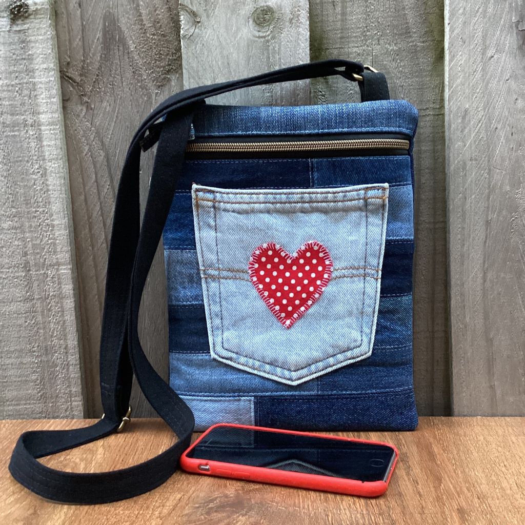 Upcycled Denim Cross Body Bag - Red Heart