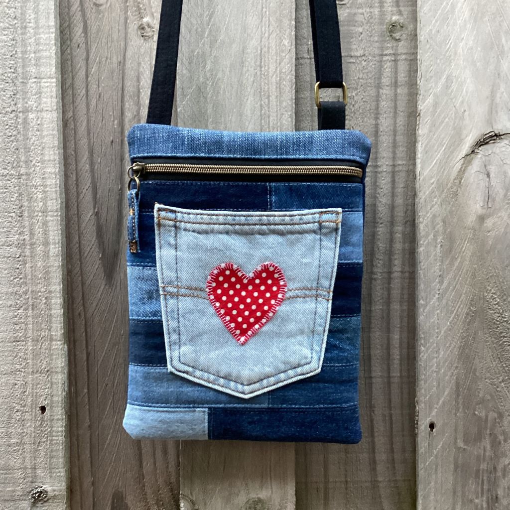 Upcycled Denim Cross Body Bag - Red Heart