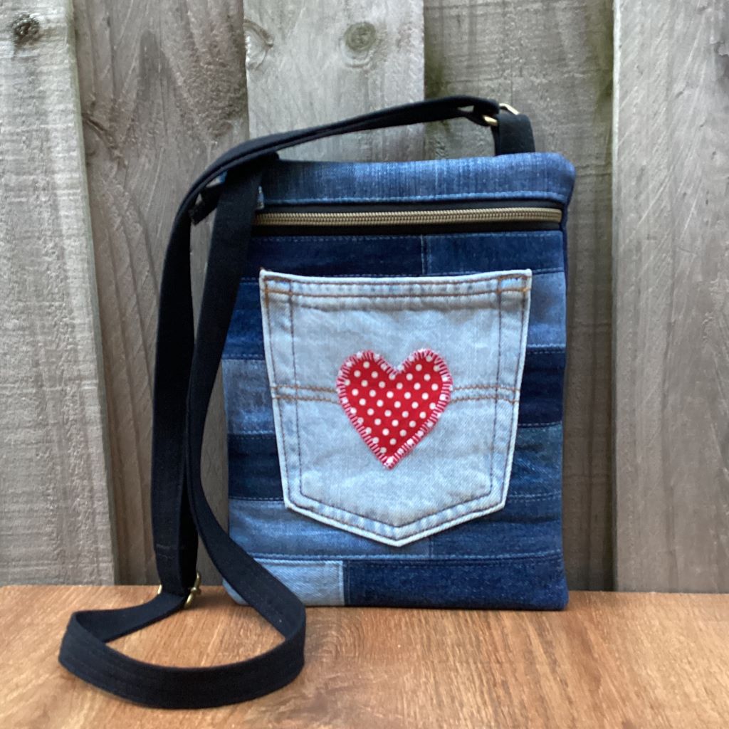 Upcycled Denim Cross Body Bag - Red Heart