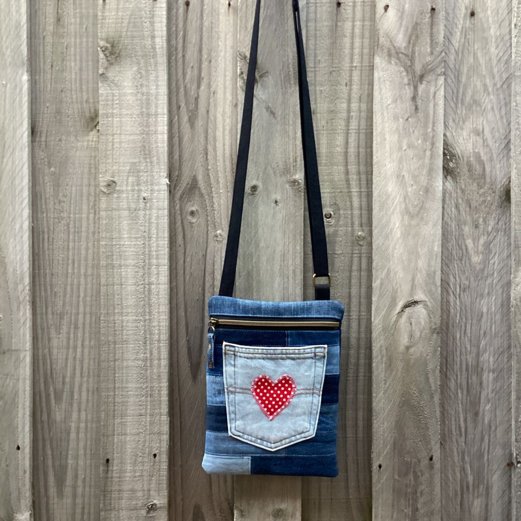 Upcycled Denim Cross Body Bag - Red Heart